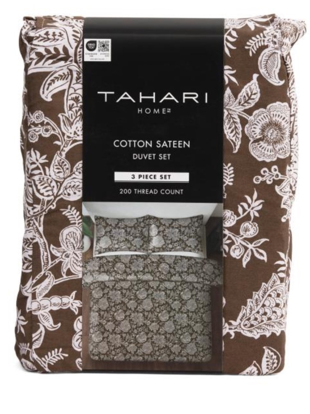 Tahari Brown and White Floral Cotton Sateen Duvet Set